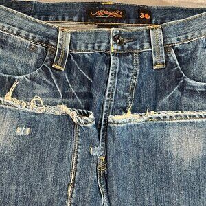 Ed Hardy Men's Distressed Button-Fly Denim Jeans 36 x 30 Blue